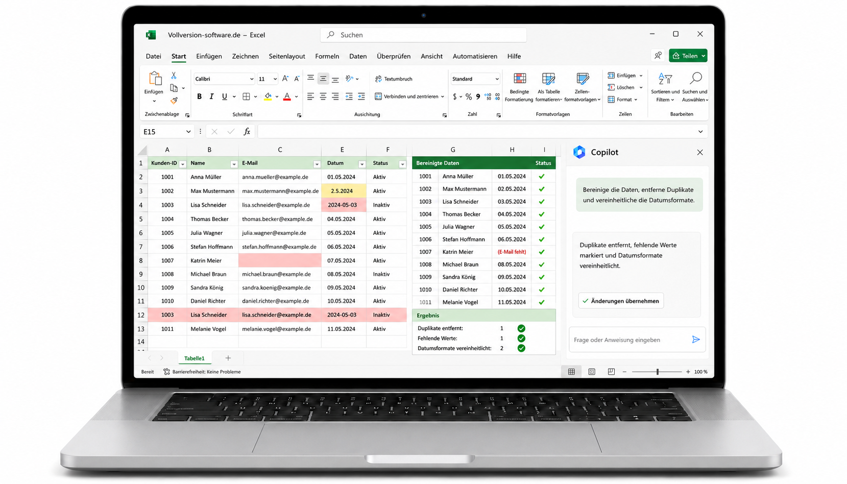Copilot bereinigt und organisiert Kundendaten in Excel