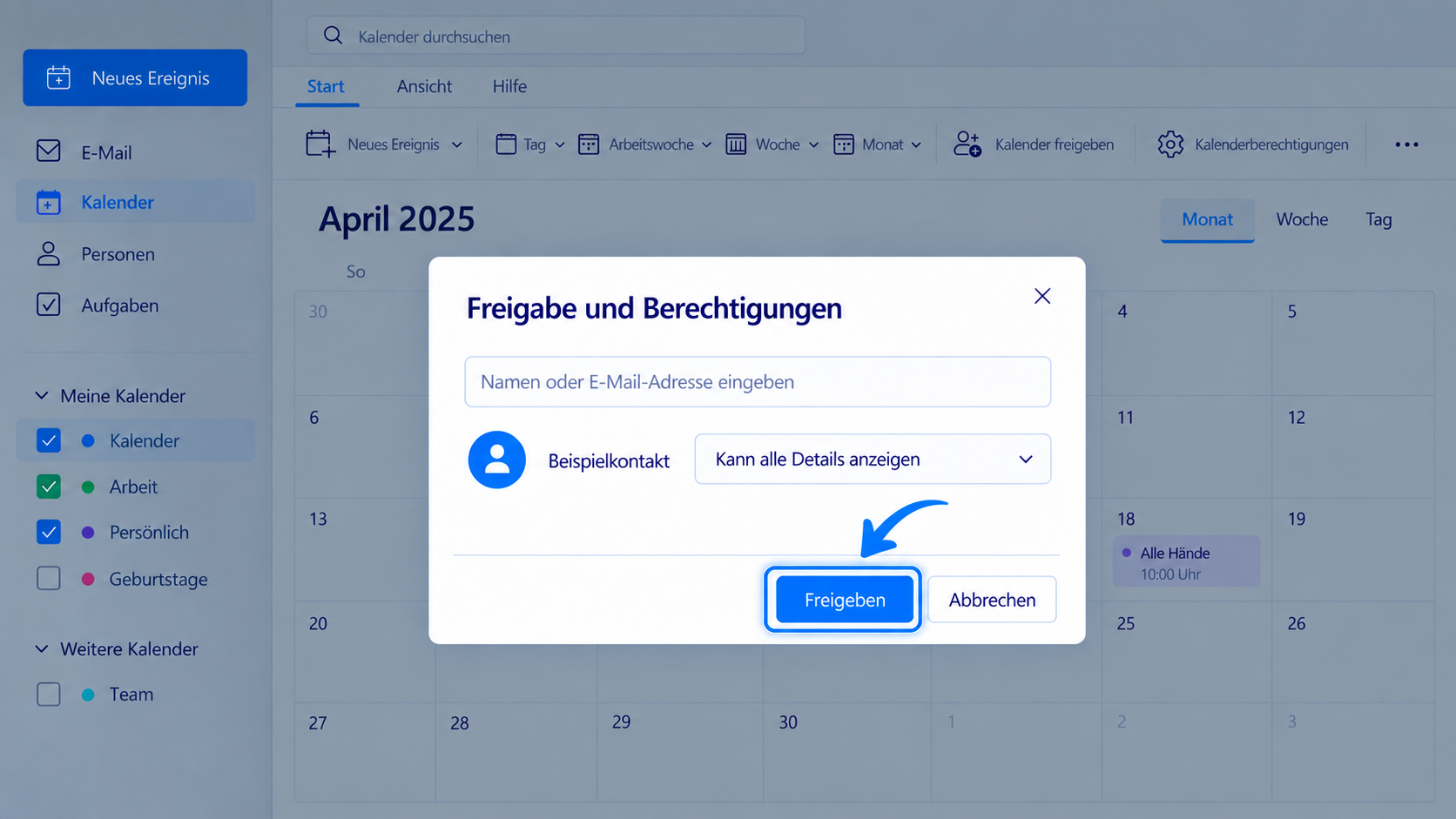 Einladung zur Outlook-Kalenderfreigabe senden.