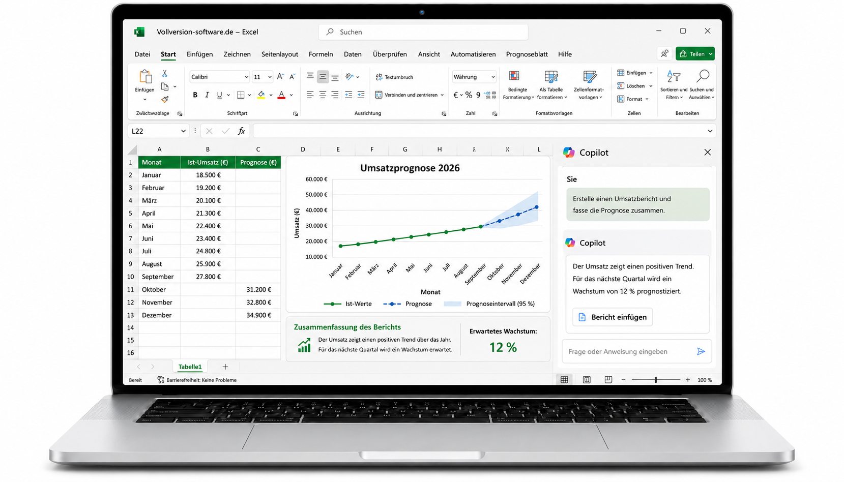 Microsoft Copilot erstellt einen Umsatzbericht und eine Prognose mit Forecast Sheet in Excel