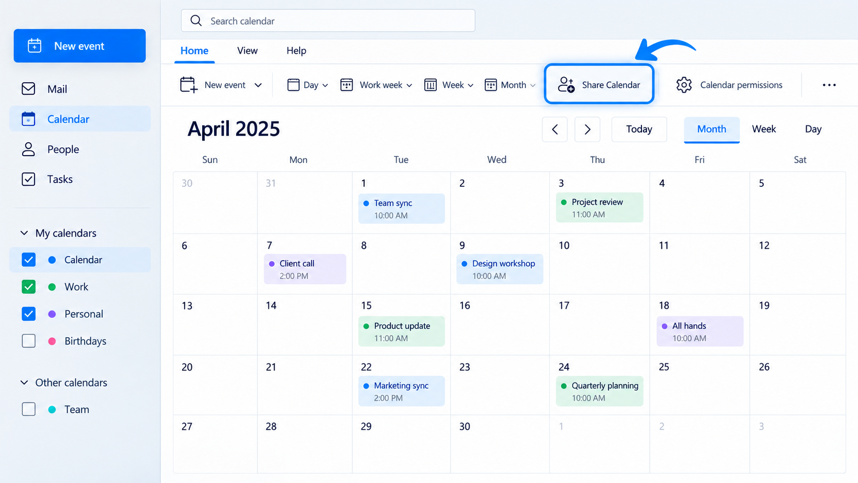 Kalender freigeben auf der Outlook-Registerkarte Start auswählen.