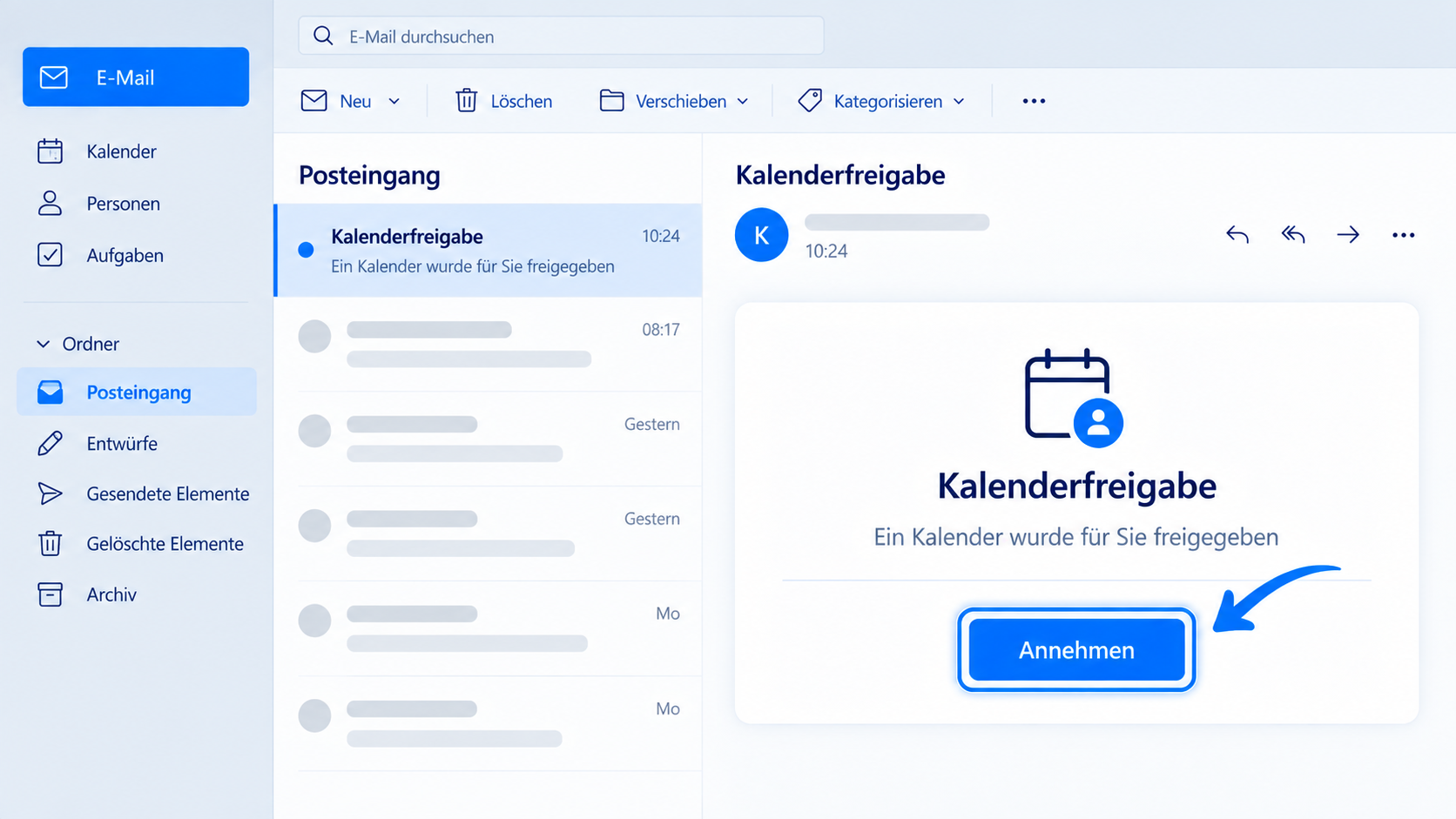 Einladung zu einem freigegebenen Outlook-Kalender annehmen.