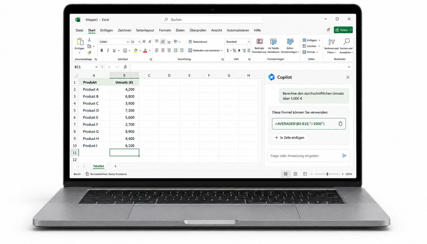 Microsoft Copilot erstellt eine komplexe Formel in einer geöffneten Excel-Arbeitsmappe