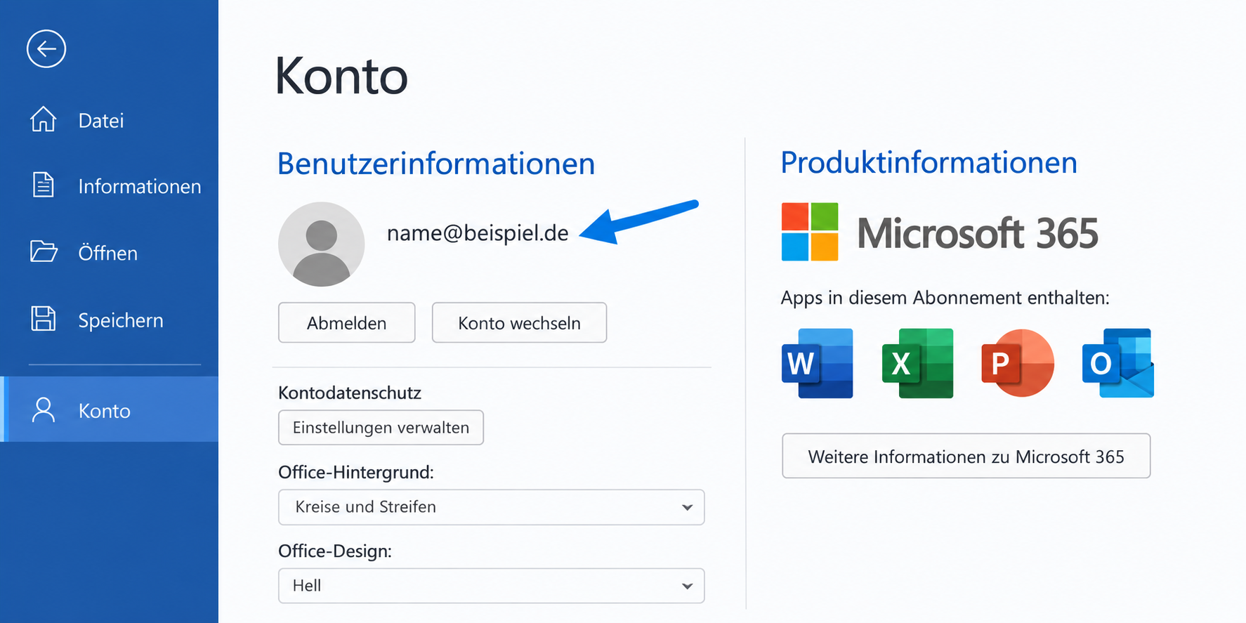 Microsoft Konto in Word unter „Datei > Konto“ prüfen.