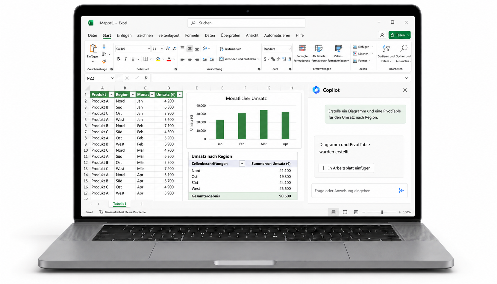 Microsoft Copilot erstellt Diagramme und eine PivotTable in Excel