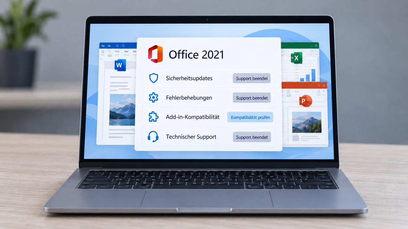 Laptop mit technischen Hinweisen zum Office 2021 Supportende.