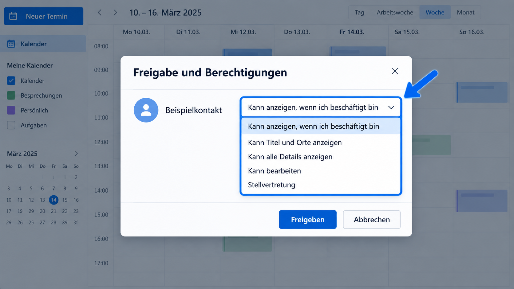 Berechtigungen für die Freigabe eines Outlook Kalenders auswählen.
