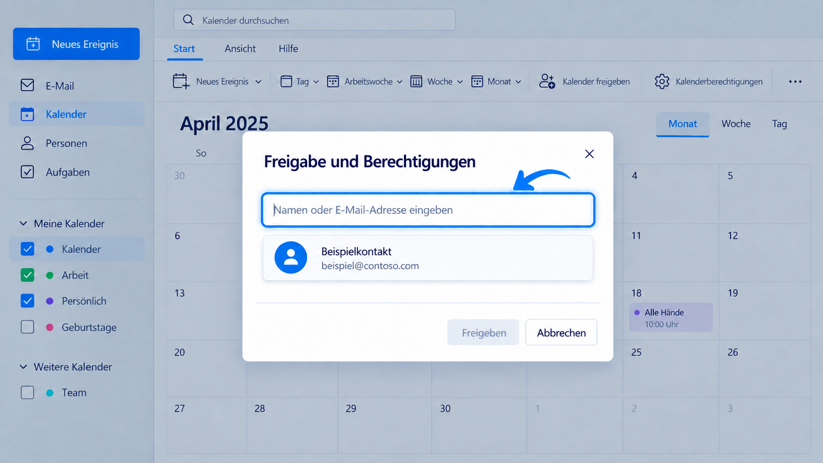 Empfänger zur Freigabe eines Outlook-Kalenders hinzufügen.