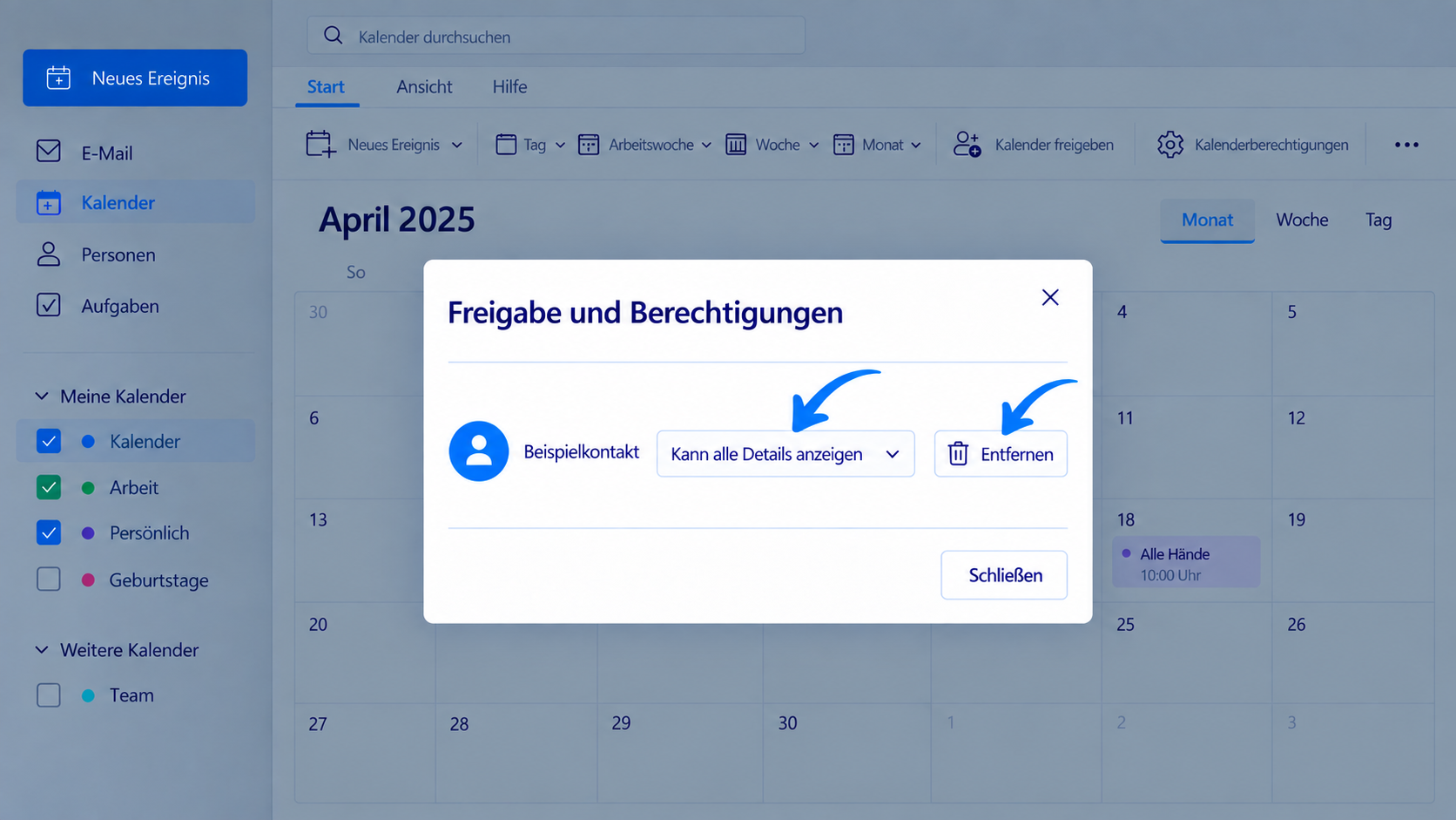 Berechtigungen für einen Microsoft Outlook Kalender überprüfen, ändern oder entfernen.